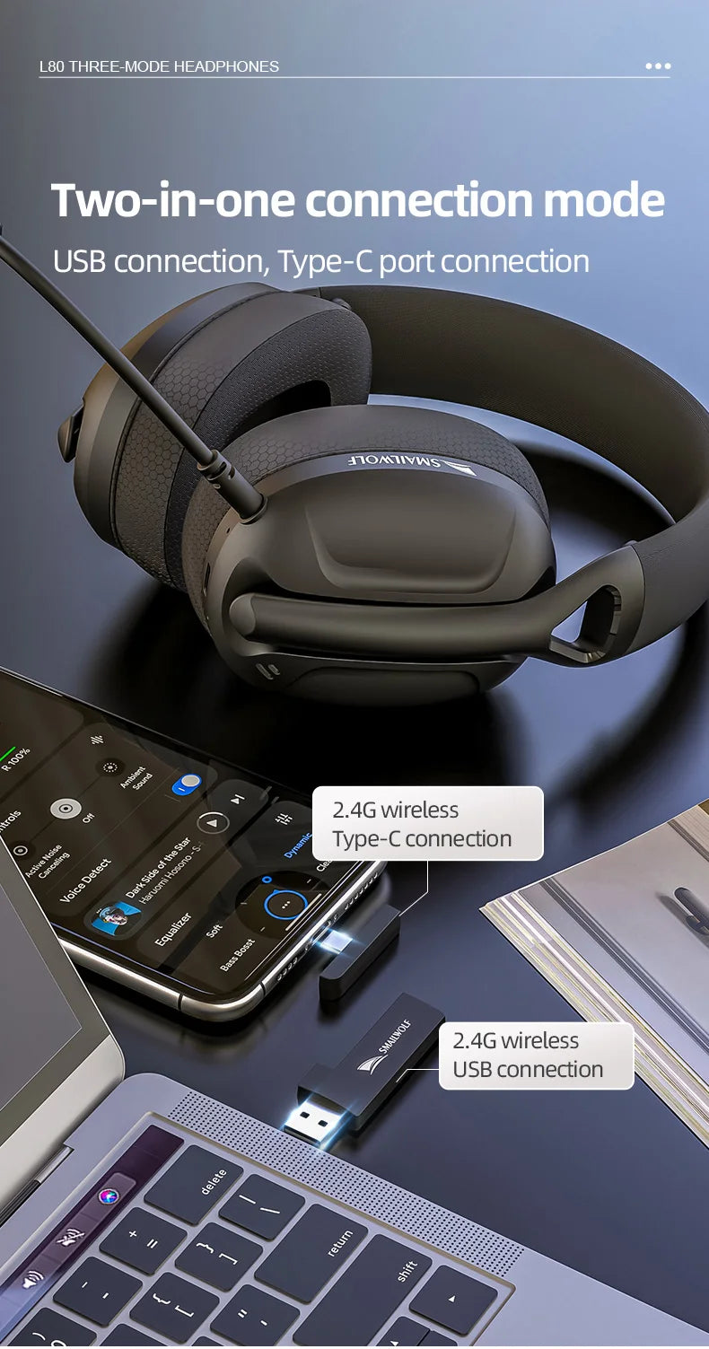 SMAILWOLF L80 Wireless Gaming Headset – Bluetooth 5.0 & 2.4GHz Triple-Mode Headphones with Microphone for PC, Laptop & Mobile Gaming