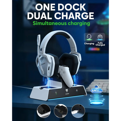 NUBWO G06 Pro Wireless Gaming Headset with Charging Station – Bluetooth 5.3 Gaming Headphones for PS5, PS4 & PC with ENC Microphone and 120-Hour Battery Life