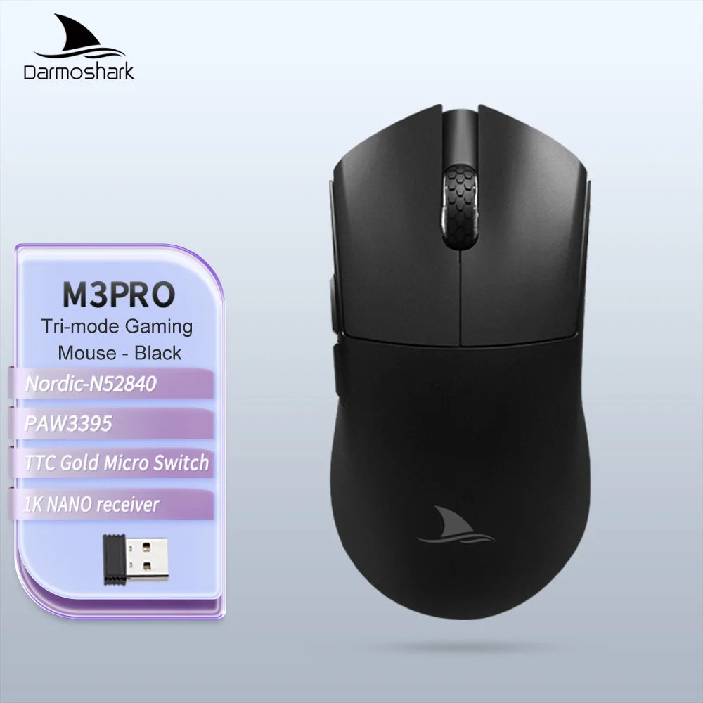 Herná myš Darmoshark M3Pro 2.4G BT bezdrôtová s trojitým režimom, snímačom PAW3395, N52840, 26000DPI, pre veľkú ruku, makro ovládač, myš na hranie