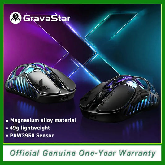 Mysz gamingowa bezprzewodowa GravaStar Mercury X – sensor PAW 3950 32,000 DPI, częstotliwość odpytywania 1000Hz, tylko 49g, pusta konstrukcja F ze stopu magnezu