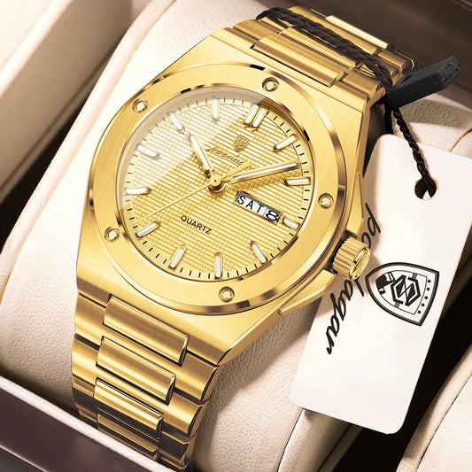 POEDAGAR Business Men Clock Date Week Stainless Steel Luxury Man Wristwatch Waterproof Luminous Sport Quartz Men's Watches Reloj