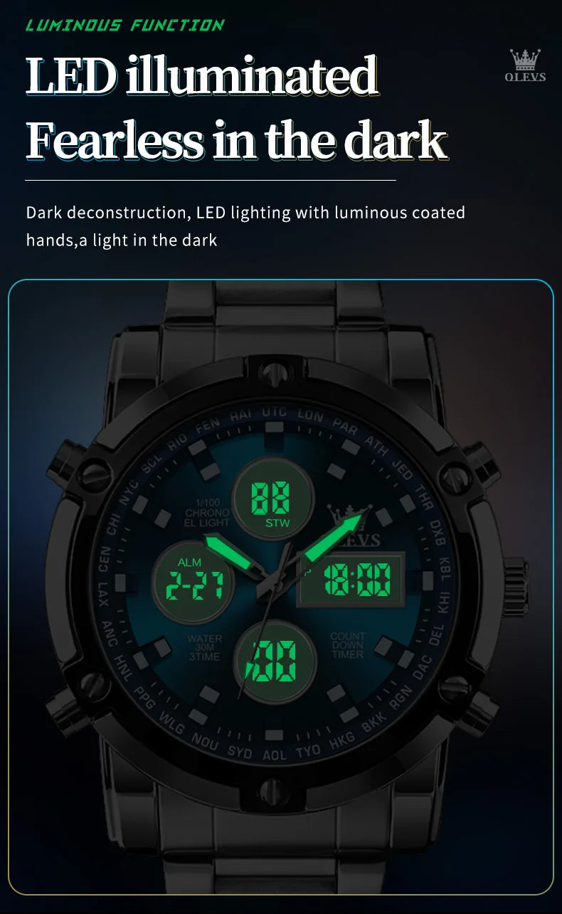 OLEVS Men's Watches Original Multifunctional Wlectronic Watch for Man Waterproof Luminous Alarm Clock Fashion Dress