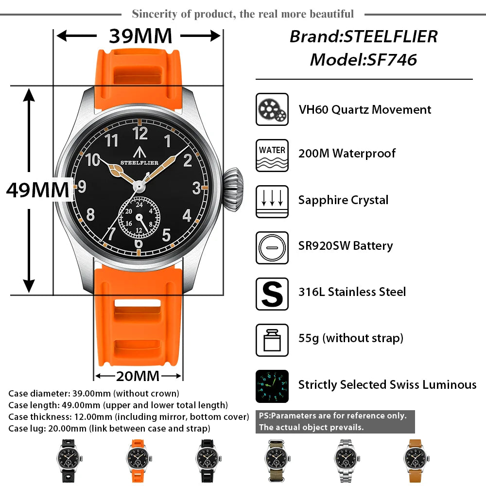 STEELFLIER Official SF746 Luxury Quartz Wristwatch Swiss Luminous VH60 Mute Movement 20Bar Waterproof Multi-time Zone Watches