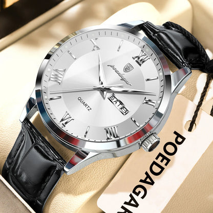 Trendige Herrenuhr von POEDAGAR, Lederarmband, Datums- und Wochentagsanzeige, luxuriöse Quarzuhr, wasserdicht, leuchtend, lässiger Business-Stil.