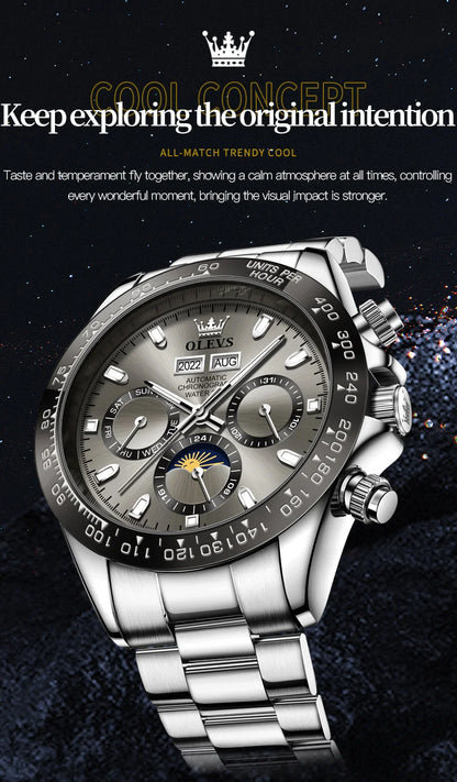 OLEVS 6654 Luxury Mens Watch Chronograph Automatic Mechanical Wristwatch Waterproof Luminous Top Brand Watch for Man Date Sport