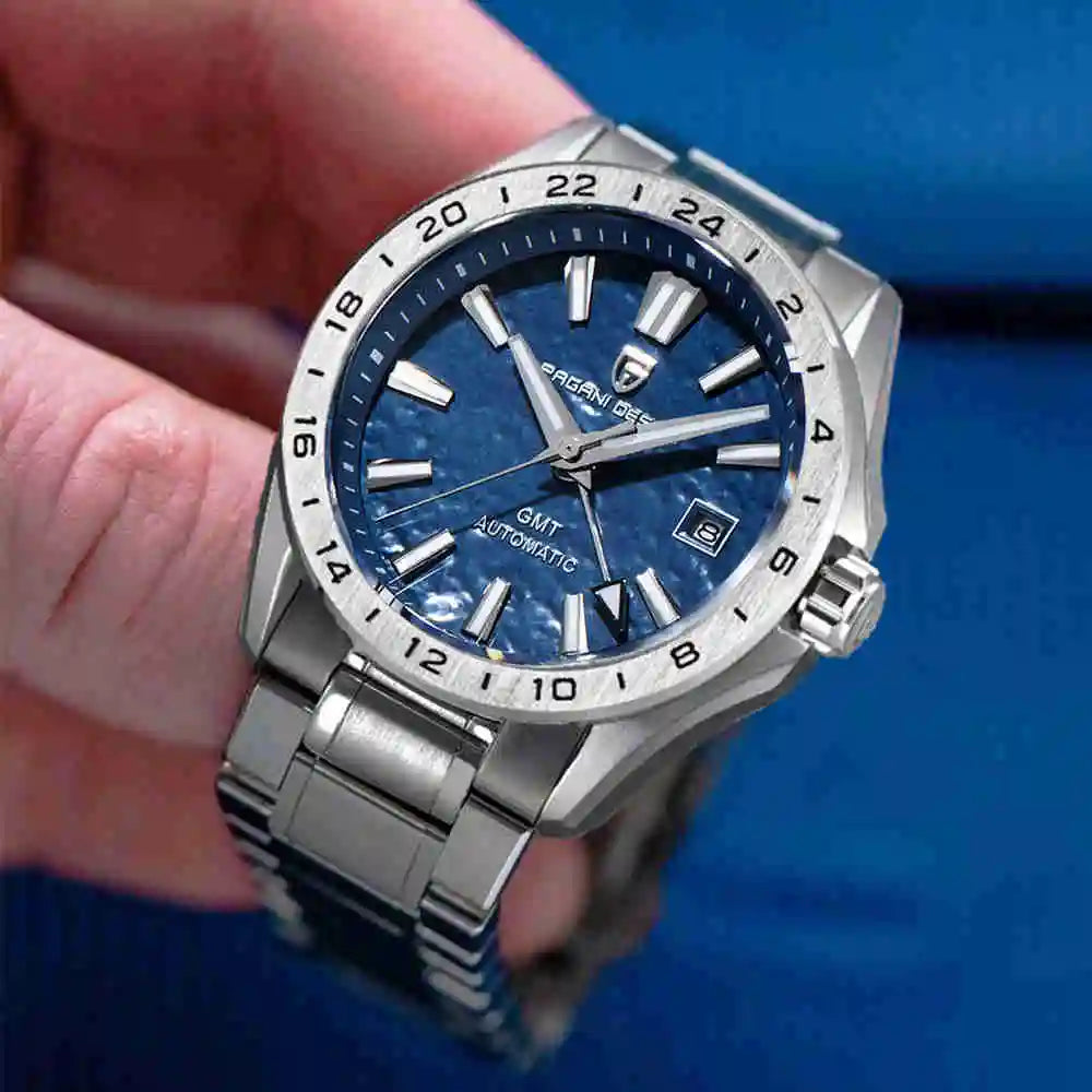 Pagani Design Men's Luxury GMT Automatic Watch Stainless Steel Case Sapphire Glass 100m Waterproof Mechanical Business Watch