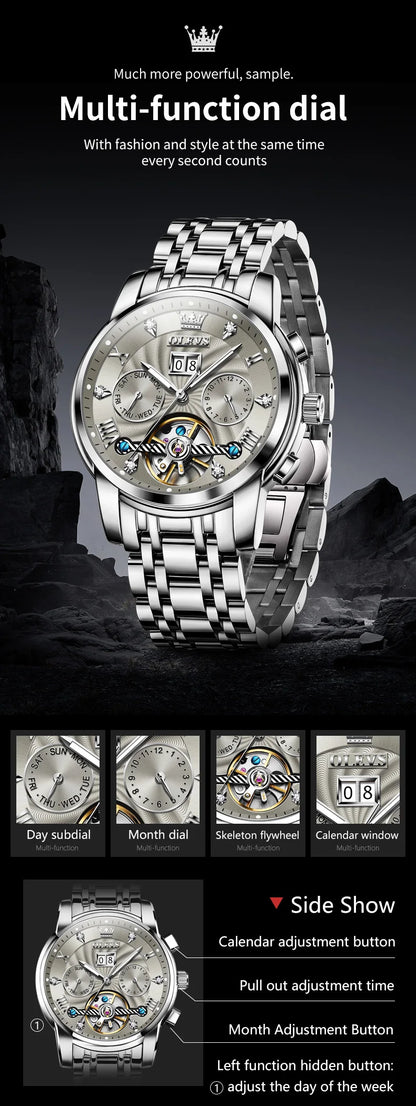 OLEVS Men's Watches 9910 Luxury Fashion Original Automatic Mechanical Watch for Man Waterproof Luminous Hollowed Out Movement