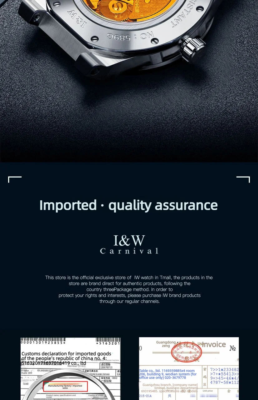 Carnival Brand IW High-End Series Luxury Sapphire Mechanical Watch Men 50M Waterproof Imported Movement Automatic Watches Mens