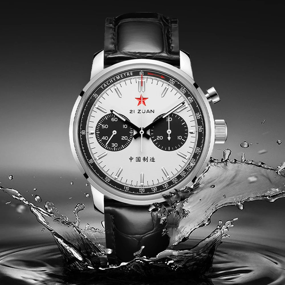 Red Star Panda Mens 1963 Chronograph Mechanical Wristwatch Seagull st1901 Movement Gooseneck 40mm Luminous Sapphire Pilot Watch