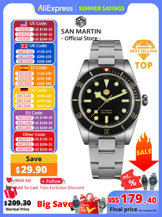 San Martin New 40mm BB58 Retro Luxury Diver Watch NH35 Automatic Mechanical Watches For Men Sapphire Luminous 20Bar Reloj SN0008