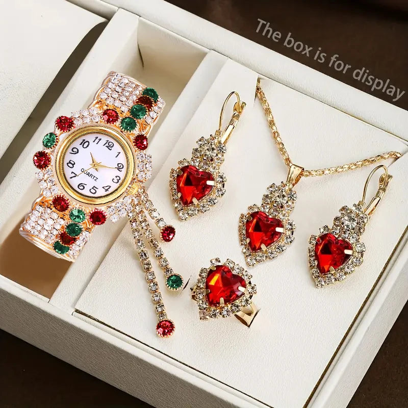 5PCS Luxury Rhinestone Women Watches Jewelry Set Fashion Adjustable Bangle Ladies Quartz Wristwatch Reloj Mujer（Without Box）