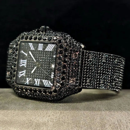 Green Diamond Watch For Men Brand UNIGUET Fashion Roman Literal Quartz Clock Man Hip Hop Iced Jewelry Square Wristwatch 2025 New