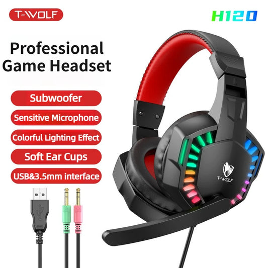 H120 RGB LED Light Wired Headphones USB 3.5mm Audio Interface Bass Stereo Sound Gaming Headsets with High Sensitivity Microphone