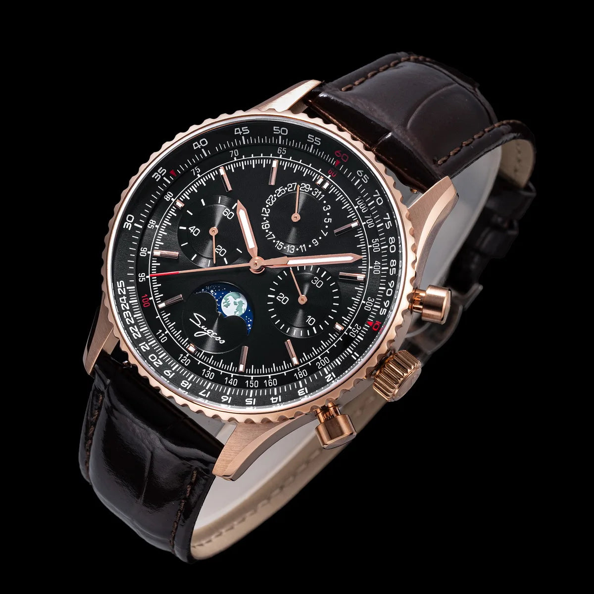 Sugess Chronograph Watch of Man ST1908 Swanneck Movement Mechanical Moonphase Wristwatches Waterproof Calendar Vintage New S468