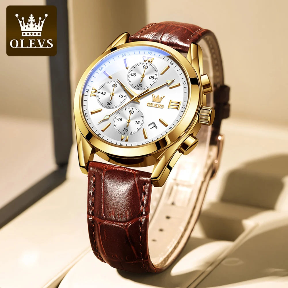Relógio de pulso cronógrafo para homem OLEVS 2872 – Pulseira em pele, resistente à água, ponteiros luminescentes, movimento de quartzo, estilo desportivo de luxo