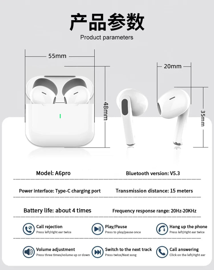 UEESFIT A6 TWS Wireless Bluetooth Earphone Headphones Touch Control Earbuds IPX5 Waterproof Sports HIFI Sound Headset with Mic