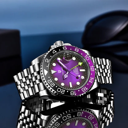 Montre mécanique pour homme PAGANI DESIGN (40 mm) – Cadran violet, fonction GMT, bracelet type Jubilee, verre saphir, étanche, mouvement automatique