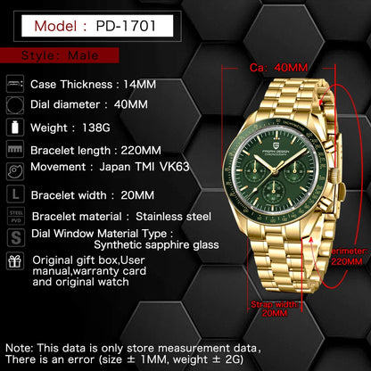 PAGANI DESIGN Moon Men's Watches Gold Luxury Quartz Watch Men Speed Sports Chronograph AR Sapphire Waterproof Luminous Man Gift