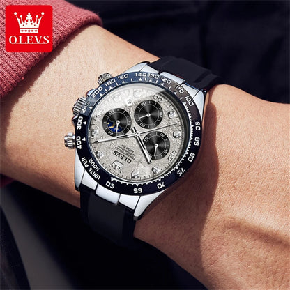 OLEVS 2875 Quartz Watch for Men Original Luxury Brand Silicone Strap Chronograph Auto Date Waterproof Moon Phase Sport Man Watch