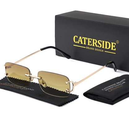 CATERSIDE Ochelari de soare dreptunghiulari albaștri pentru bărbați, ochelari de soare pătrați fără ramă din metal, la modă, pentru femei, cu lentile degradate, ochelari de exterior, UV400