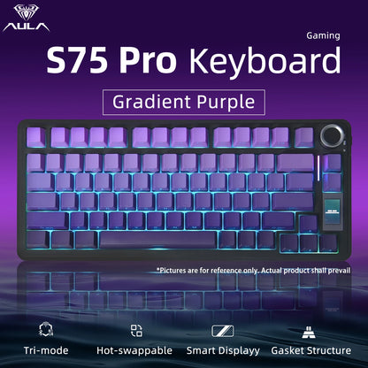 Teclado Mecânico AULA S75 PRO 75% Layout Personalizado Retroiluminação RGB Sem Fios Bluetooth Gaming com Ecrã e Botão Rotativo