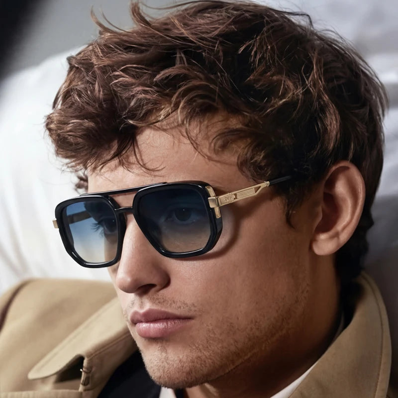 Ochelari de soare pătrați polarizați pentru bărbați, de lux, în stil vintage, cu punte dublă, lentile cu gradient, ochelari de soare pentru șofat, ochelari de soare retro cu partea superioară plată, pentru bărbați