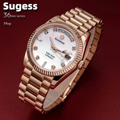 Sugess Watch of Men 36mm Date Automatic Retro Mechanical Wristwatches Sapphire Crystal RoseGold Dandong SL3034 Movement Day New