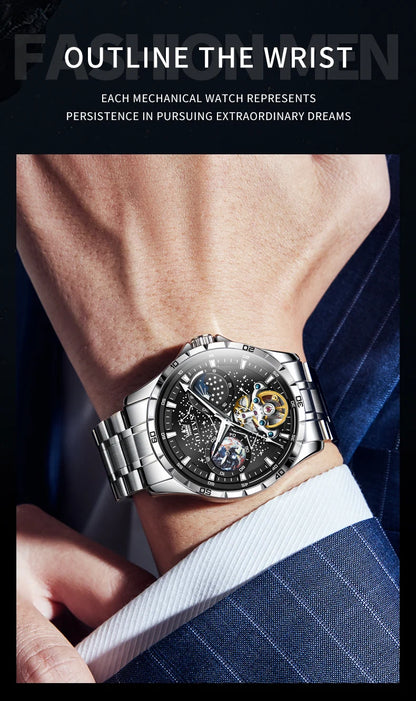 OLEVS Flywheel Skeleton Automatic Watch for Men Luminous Starry Sky Waterproof Business Wristwatch Mechanical Watch