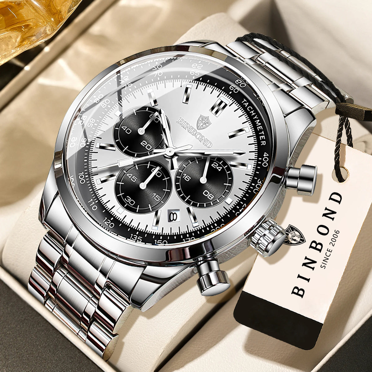Relógio de quartzo BINBOND para homem, elegante, robusto e preciso, com data automática, cronógrafo, luz noturna e à prova de água. Estilo descontraído.