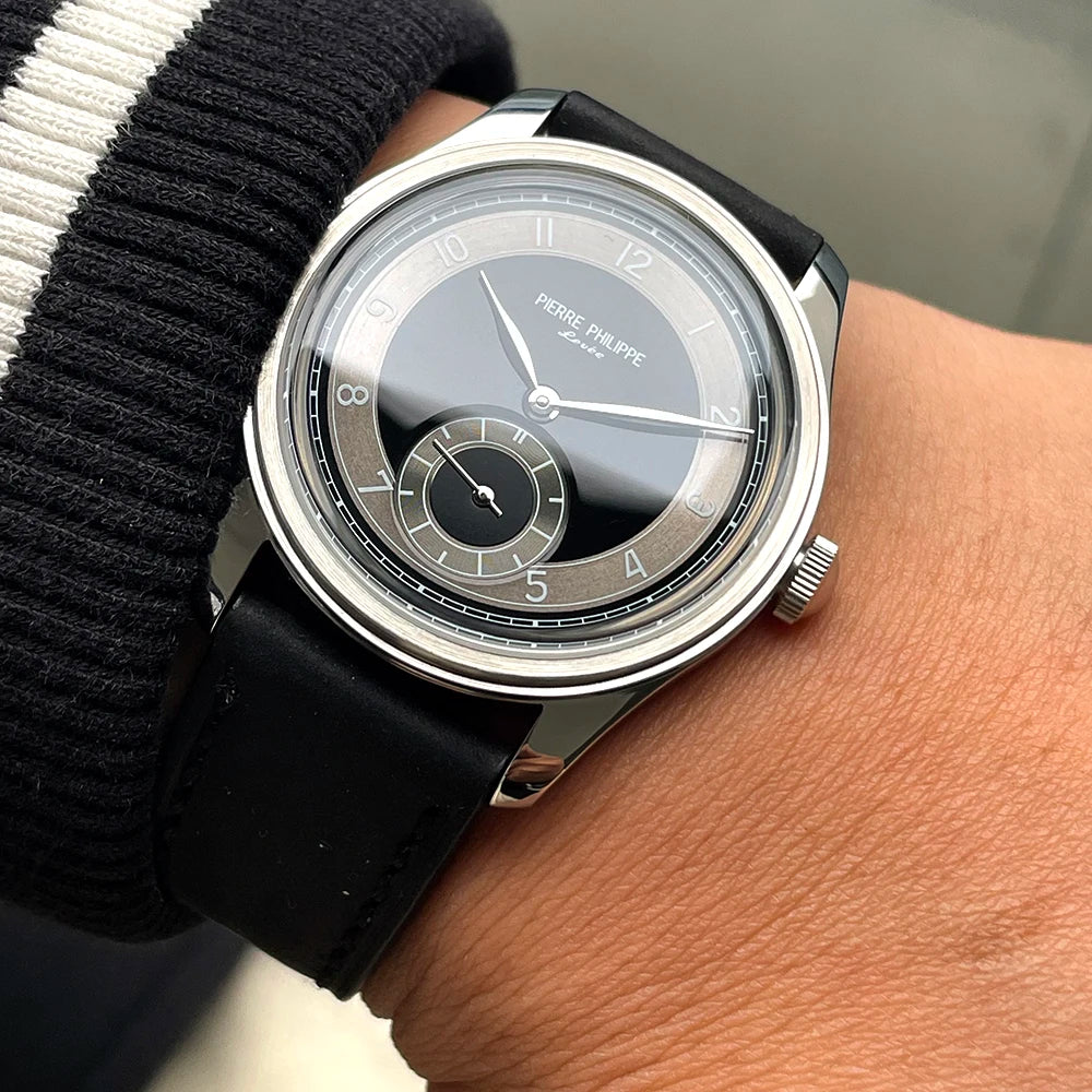 High-end Men's 38MM Watch Black Enamel Dial ST17 Manual Mechanical Watch Leather Waterproof