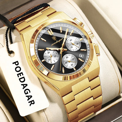 POEDAGAR Fashion Men's Wristwatch Chronograph Date Stainless Steel Quartz Man Clock Waterproof Luminous Business Watches For Men