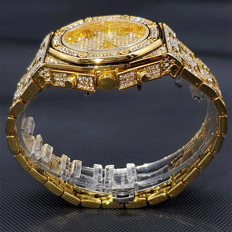Gold Watches For Men Full Iced Diamond Men's Quartz Watch Luxury Fashion Calendar Wristwatch Dropshipping