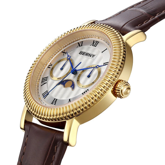 BERNY Watches for Men Luxury Dress Brand Business Gold Quartz Real Moons Man Watch S/S Sapphire Calendar Moon Phase Wristwatch