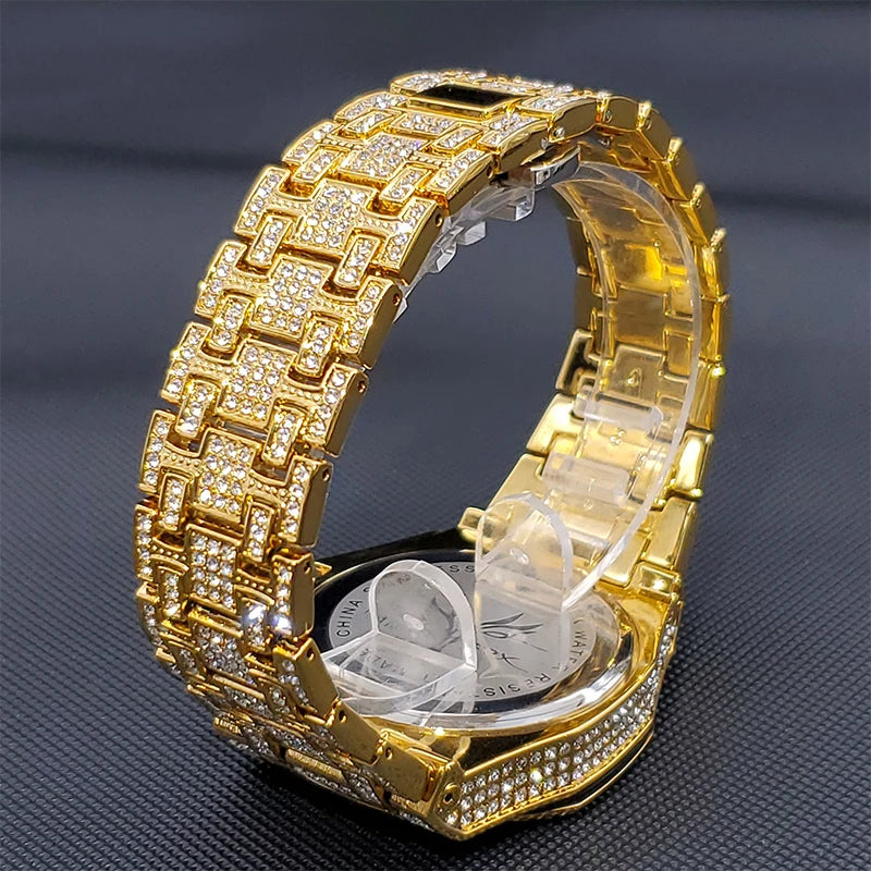Gold Watches For Men Full Iced Diamond Men's Quartz Watch Luxury Fashion Calendar Wristwatch Dropshipping