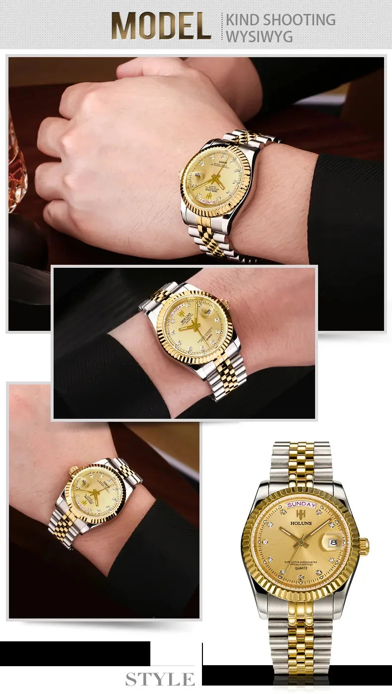 Holuns Luxury Classic 36/41mm Gold Men Watches Japan MIYOTA Quartz Movt Stainless Steel Classic Business Wristwatch Waterproof