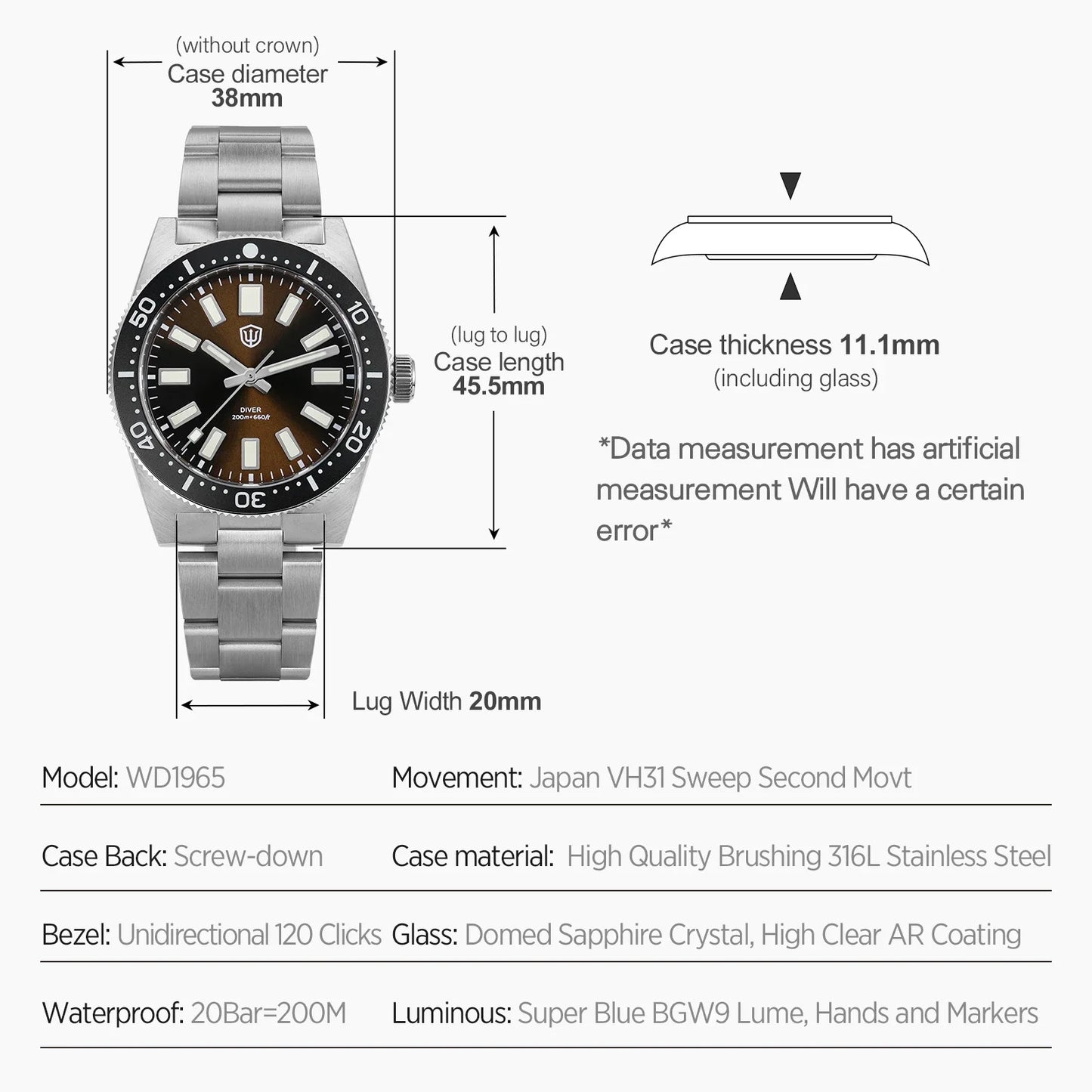 Watchdives WD1965 Luxury Men's Watch VH31 Sweep Second Quartz Movement 38mm Watch Night Light 20Bar Waterproof Watches