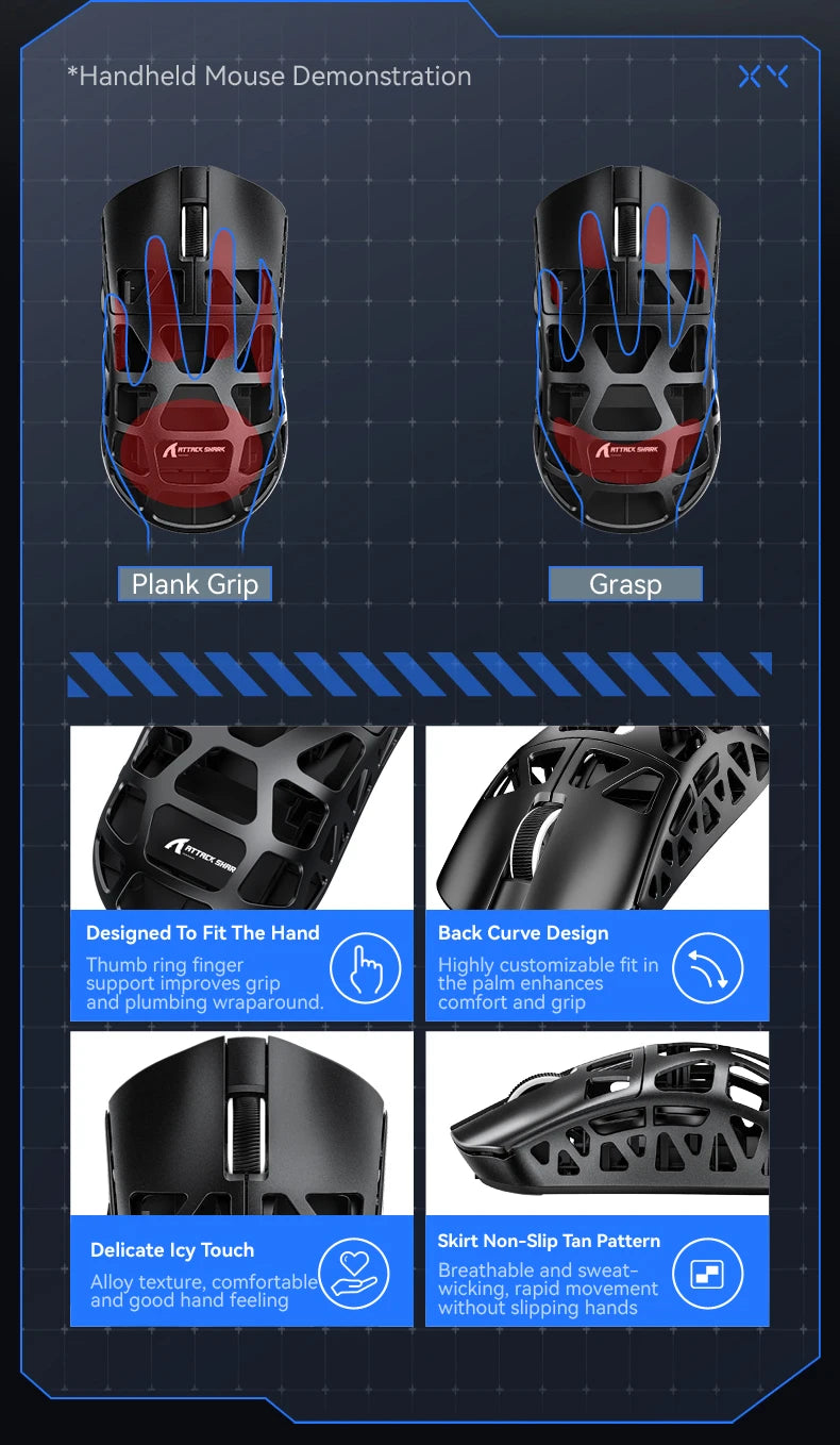 ATTACK SHARK R3 gaming miš od magnezijske legure s honeycomb dizajnom, ultra lagan 8K Hz, PAW3395 senzor, 26000 DPI, ergonomska školjka