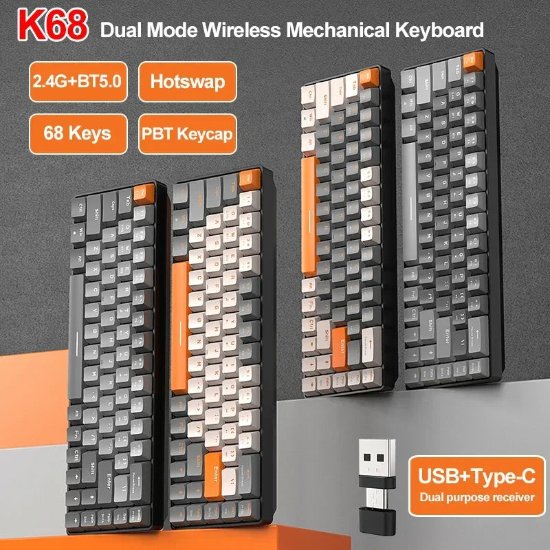 Bezdrôtová herná mechanická klávesnica K68 2,4 G/BT 5.0, 68 klávesov, Hotswap, mini herná mechanická klávesnica, klávesy z PBT, klávesnice s rozložením 65 %