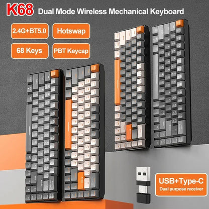 Bezdrôtová herná mechanická klávesnica K68 2,4 G/BT 5.0, 68 klávesov, Hotswap, mini herná mechanická klávesnica, klávesy z PBT, klávesnice s rozložením 65 %