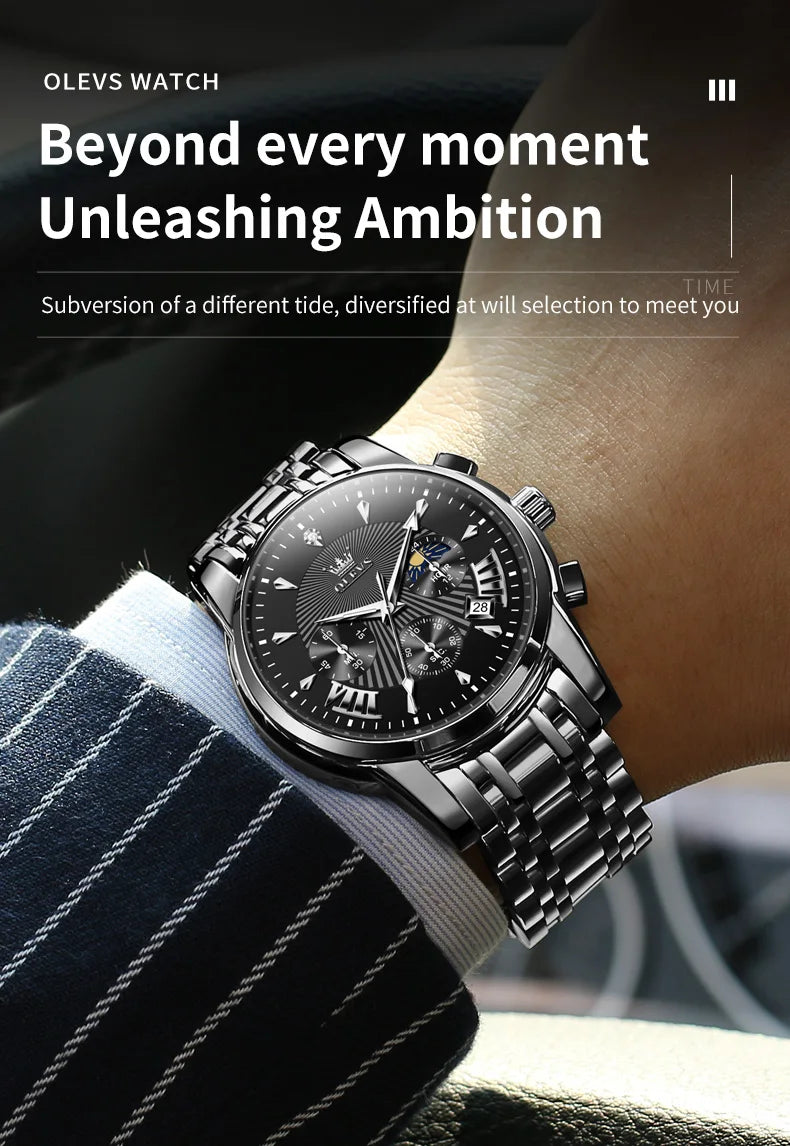 OLEVS Brand Fashion Red Watch for Men Luxury Sport Waterproof Stainless Steel Chronograph Quartz Watches Relogio Masculino
