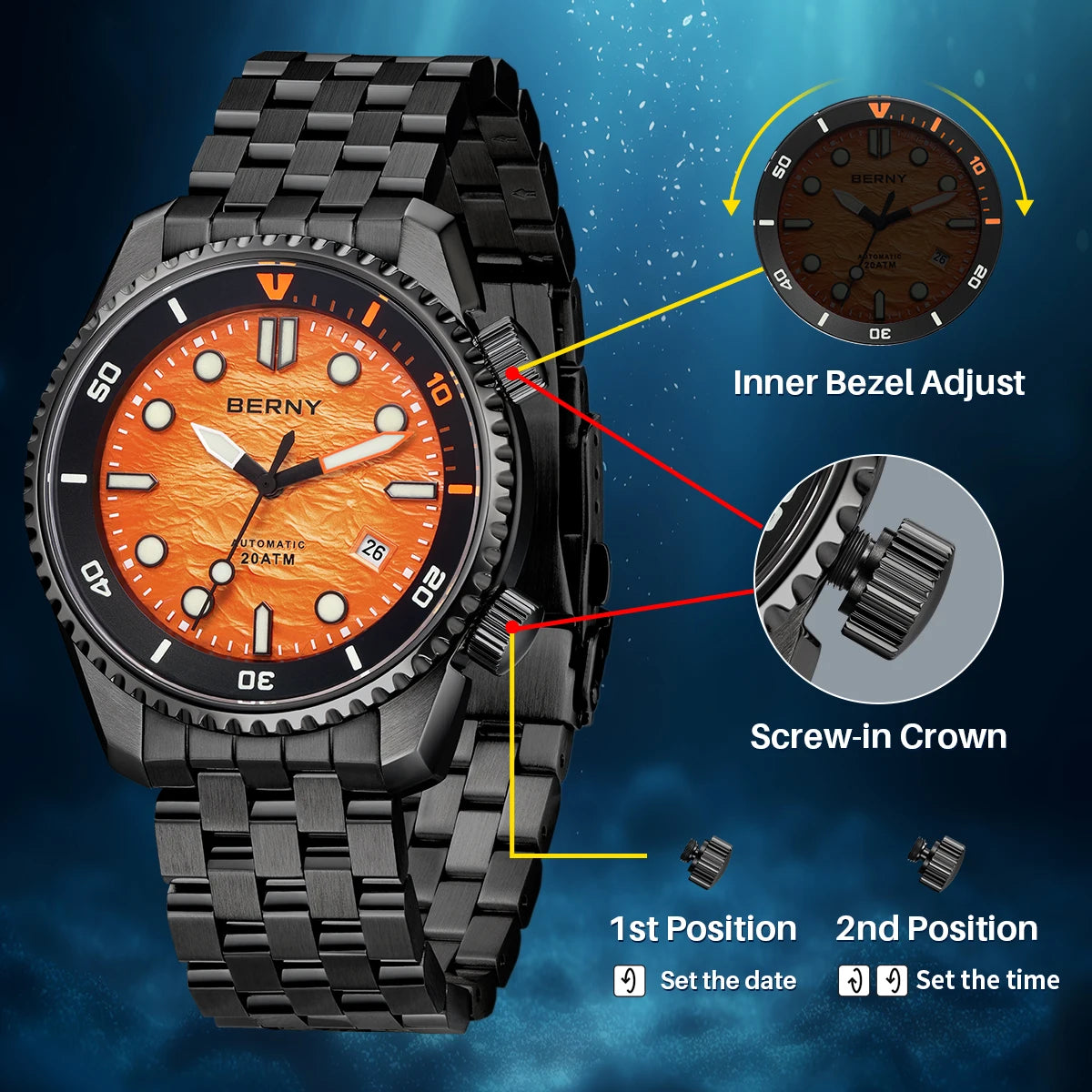 BERNY 20ATM Automatic Men's Watch Diver Sports Diving Watches Luxury Sapphire 316L Stainless Steel Mechanical Waterproof Watches