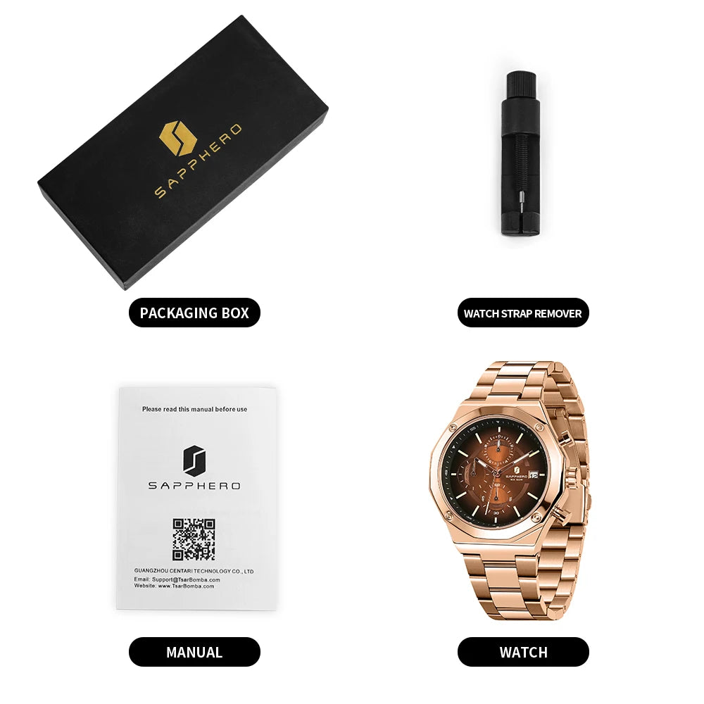 SAPPHERO Rose Gold Men Watch Fashion Luxury Clock Stainless Steel Watch 50m Water Resistance Watch For Men New Year Gifts