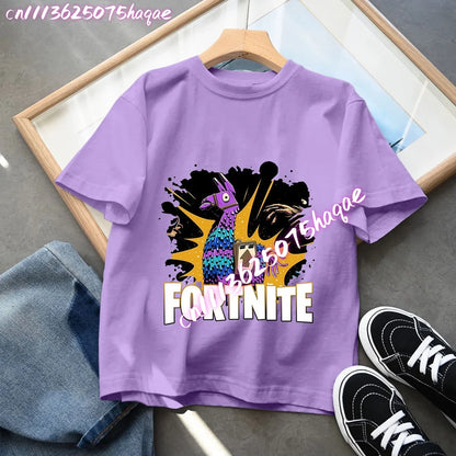 T-shirts Fortnite para Criança com Figuras Anime Estampadas, Tops de Desenho Animado Fortress Night, Roupa de Verão para Meninas, Manga Curta, Pullover Tees