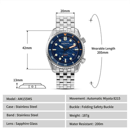 BERNY Automatic Diver Watch for Men Top Luxury Sapphire 316L Steel Blue Dial 200M Waterproof Mechanical Diving Men's Watches