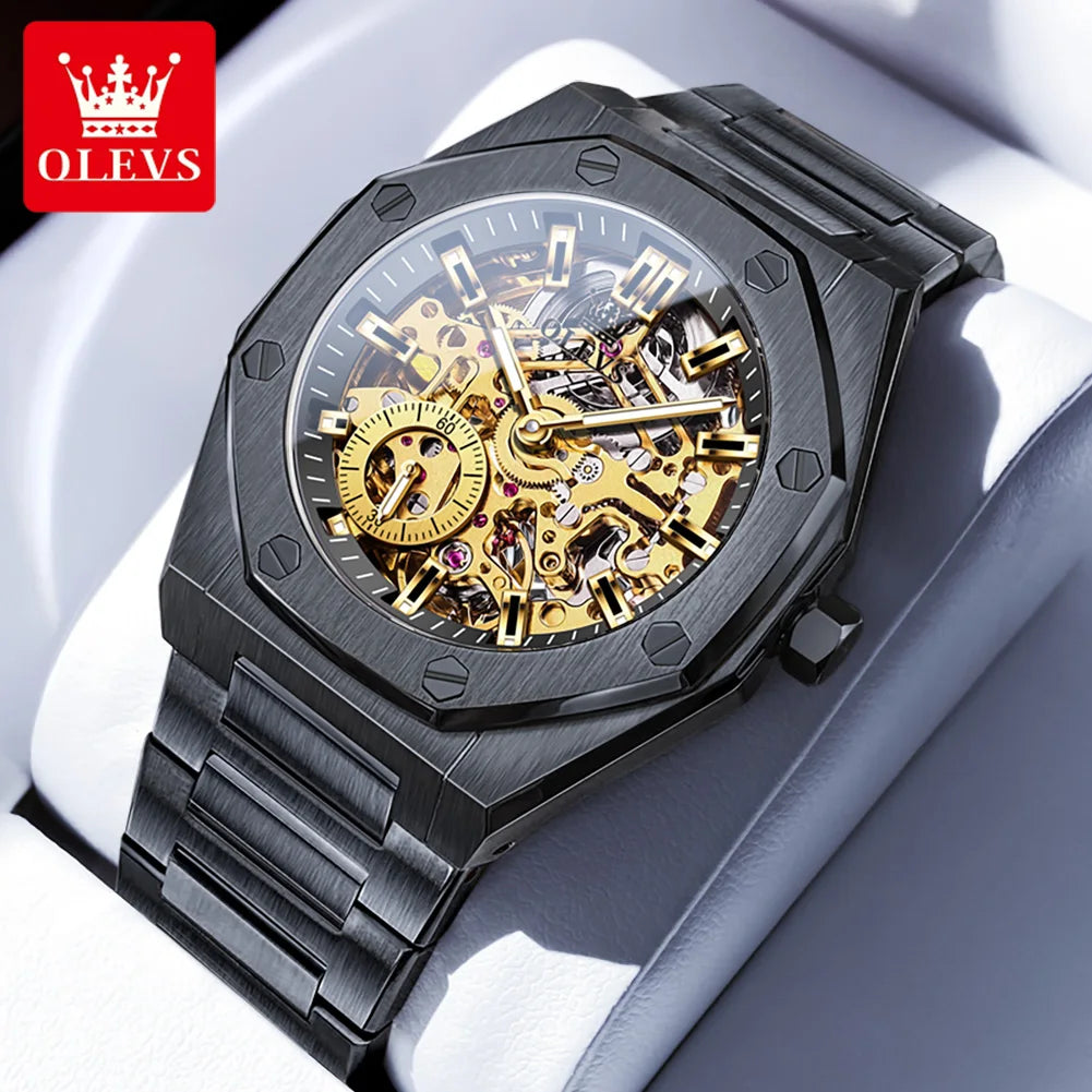 OLEVS Watches Luxury Man High Quality Original Fully Skeleton Automatic Mechanical Watch Stainless Steel Men Watches Gifts Box