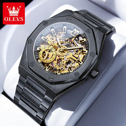 OLEVS Watches Luxury Man High Quality Original Fully Skeleton Automatic Mechanical Watch Stainless Steel Men Watches Gifts Box