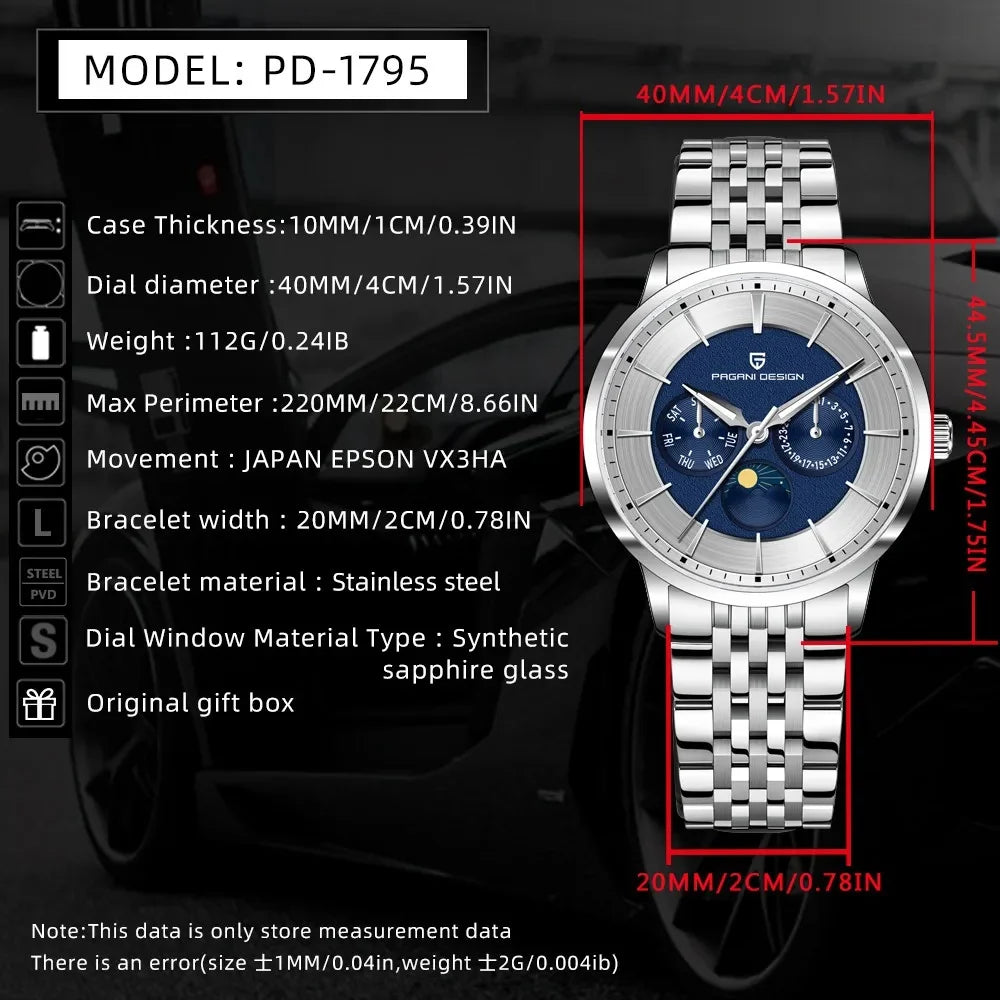 Pagani Design 40mm Multifunctional Men's Quartz Watch Japan Movt Moon Phase 100m Waterproof Sapphire Glass Wristwatches For Man