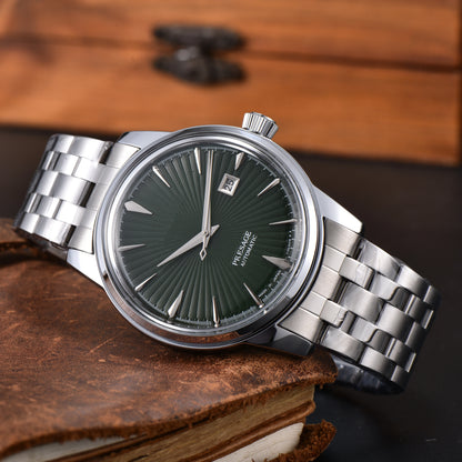 Luxury Retro Men's Self-Winding Automatic Mechanical Watch Radial Sunburst Textured Dial Single Calendar Date Window Polished Stainless Steel Link Bracelet Waterproof Business Dress Male Watch Silver Gold Two Tone Options
