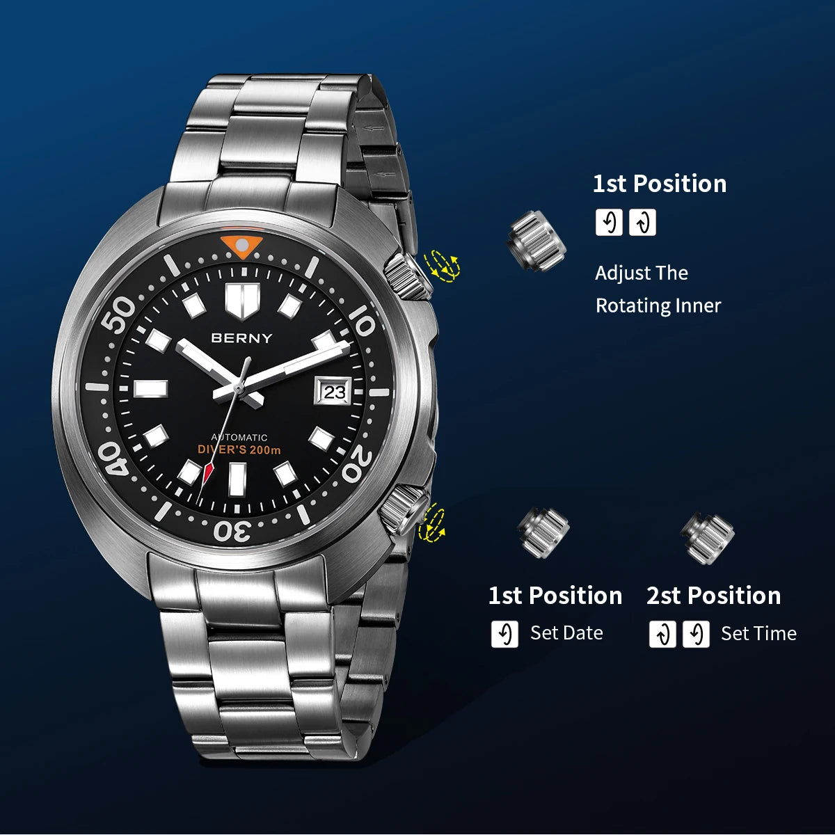 BERNY Automatic Dual Crown Diver Watch For Men Super Luminous Miyota 8215 Sapphire Swim Sport 20ATM Mechanical Men's Dive Watch