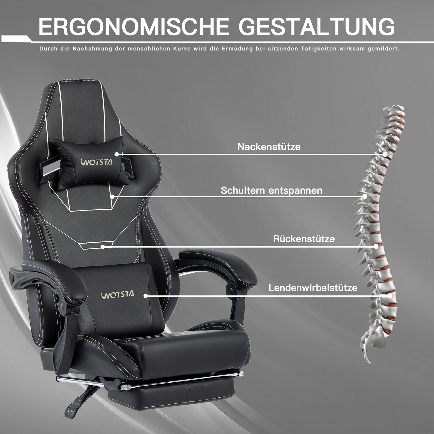 WOTSTA Gaming Stuhl Ergonomisch Gaming Chair Bürostuhl mit Fußstütze Racing Computerstuhl Höhenverstellbar Gepolstert Computerst